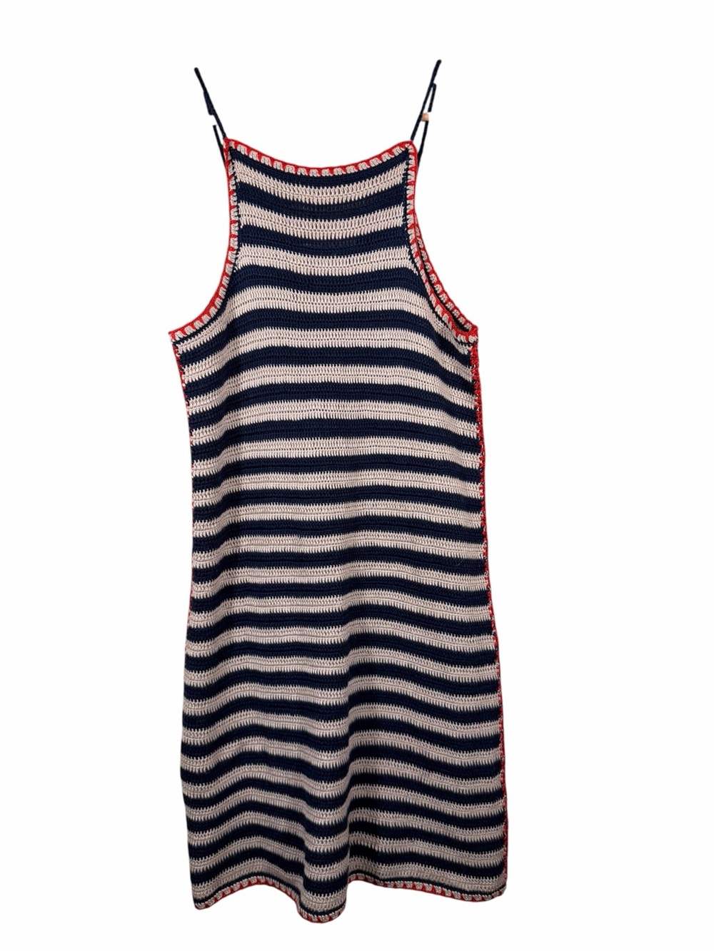 Love Stitch Navy and Cream Striped Knit Sundress with Red Trim